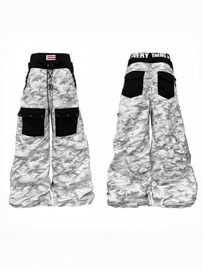 Camouflage Wide-Leg Pants with Double Waistband and Pockets - DETW OnLine