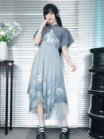 Blue Chiffon Cami Dress with Deer Print & Asymmetric Hem - Quirky Hut