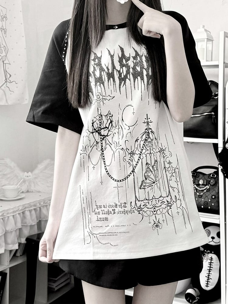 White & Black Jirai-Kei Raglan Short Sleeve Tee with Hot-Fix Rhinestone & Graphic Accents - Puzzles