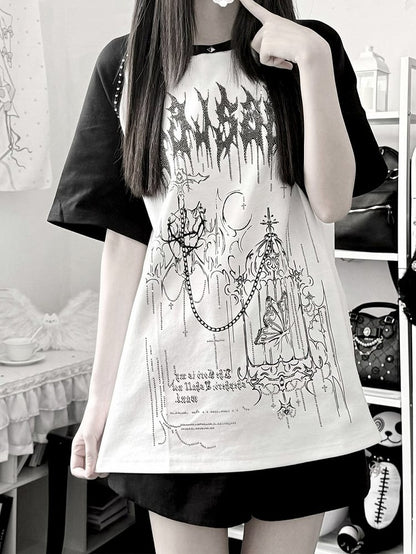 White & Black Jirai-Kei Raglan Short Sleeve Tee with Hot-Fix Rhinestone & Graphic Accents - Puzzles