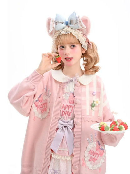 Spitze Bowknots Erdbeerkuchen Stickerei Yume Kawaii Rosa Strickjacke