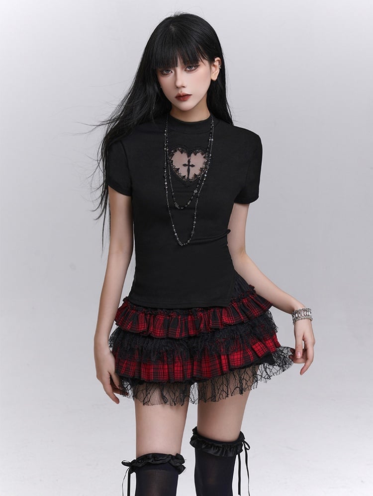 Print T-shirt Black Mock Neck Heart-shaped Cutout Cross