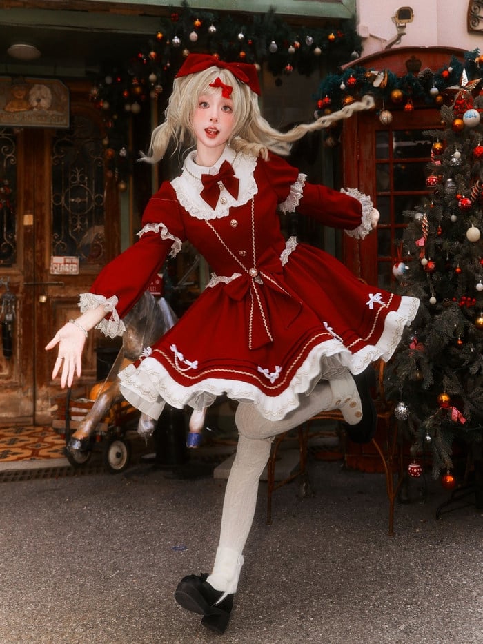 New Dress / Hem with Red Christmas Year Sleeves Lolita Pearl-Chain Bow Accents Long