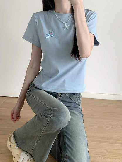 T-Shirt Rundhals Schleifendetail Blau