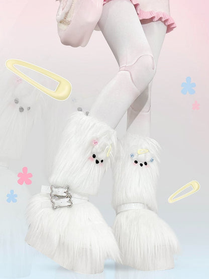 White Maltese Puppy Y2K Platform Furry Boots