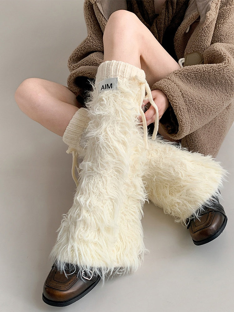 Faux Fluffy Drawstring Cream Warmers Fur Leg