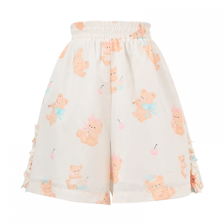 Shorts Hellgelb Elastische Taille Niedlicher Bärendruck Lässig