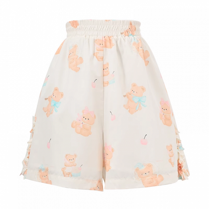 Shorts Hellgelb Elastische Taille Niedlicher Bärendruck Lässig