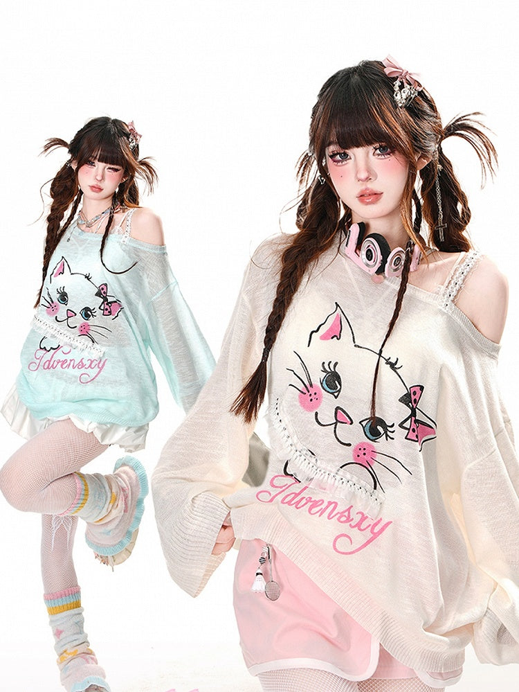 Sonnenschutz-Top mit asymmetrischem Ausschnitt und Kitty-Print, Weiß/Blau, halbtransparent