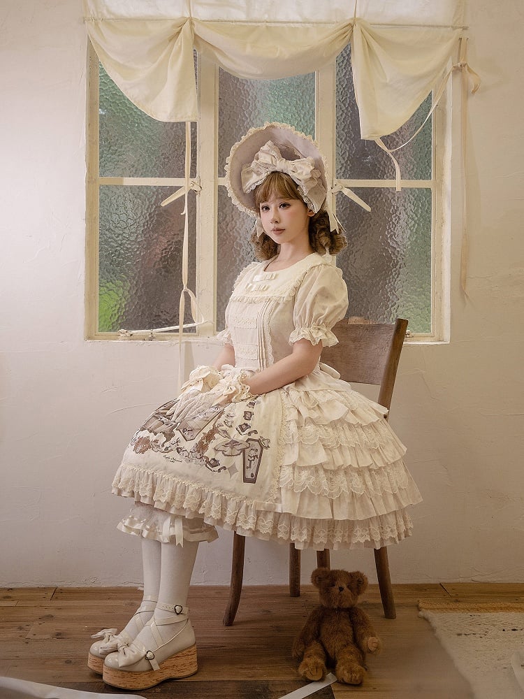 Bunny Print Lace Ruffle Dress with Round Neck - NnSTAR