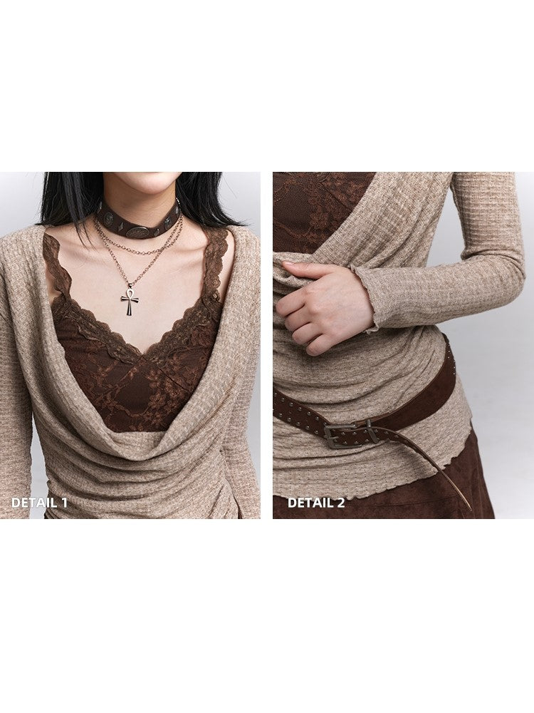 Top Gothic Coffee Cami Lace Embroidery with Floral