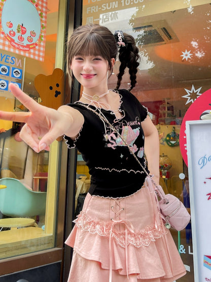Neckline Black Cake Print Lettuce Hem Hem Pin Bow Big Details Sweet T-Shirt