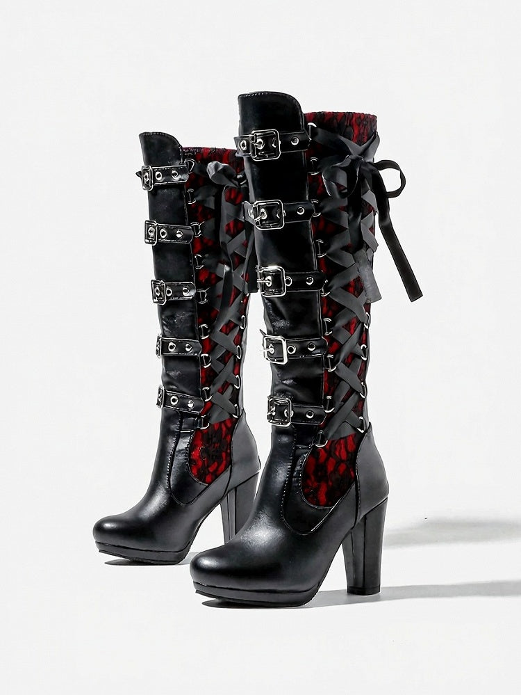 Gothic Lace-up Buckle High Boots - September