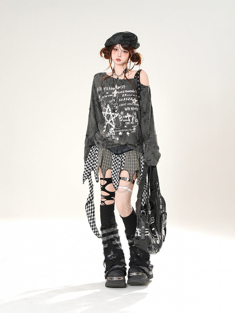 Grafisches Coverup, asymmetrischer Ausschnitt, Distressed-Löcher, Schwarz/Weiß