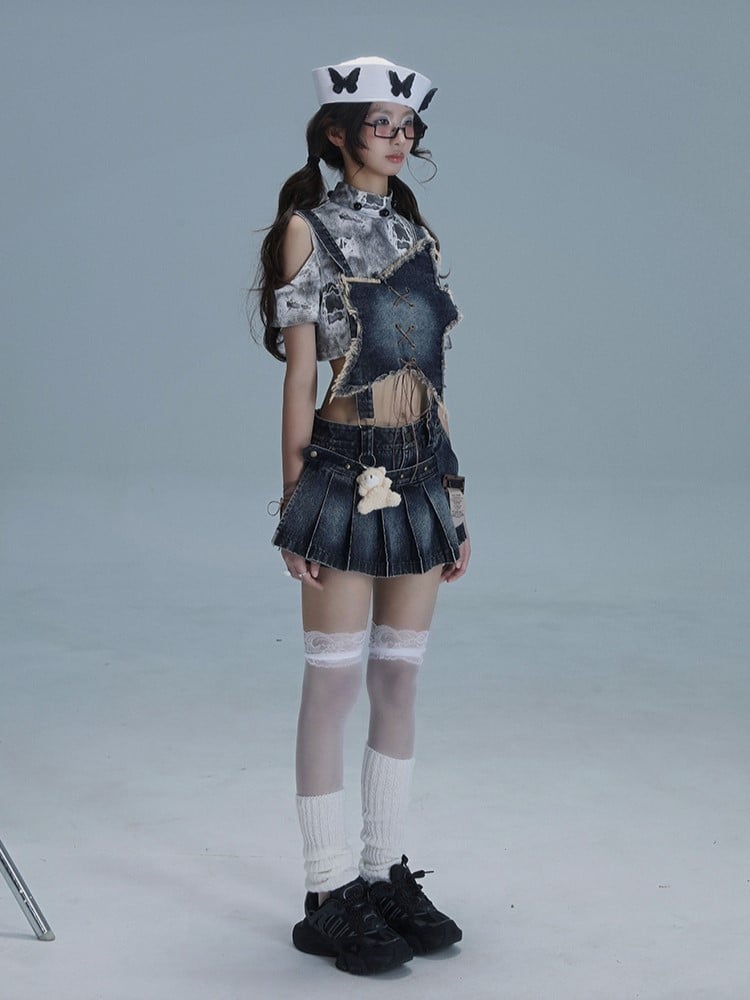 Blue Front Dusty Pleated Overall Shape Skirt with Punk Convertible Star Denim Distressed Dress