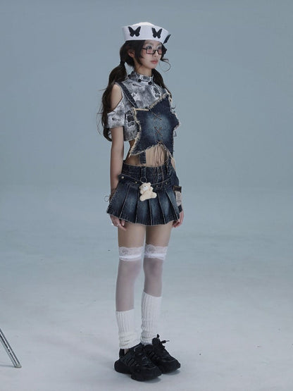 Blue Front Dusty Pleated Overall Shape Skirt with Punk Convertible Star Denim Distressed Dress