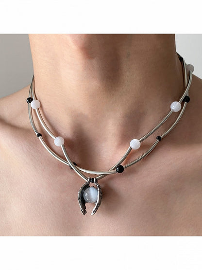 Silver Layered Necklace with Bead Decoration - YSHXS
