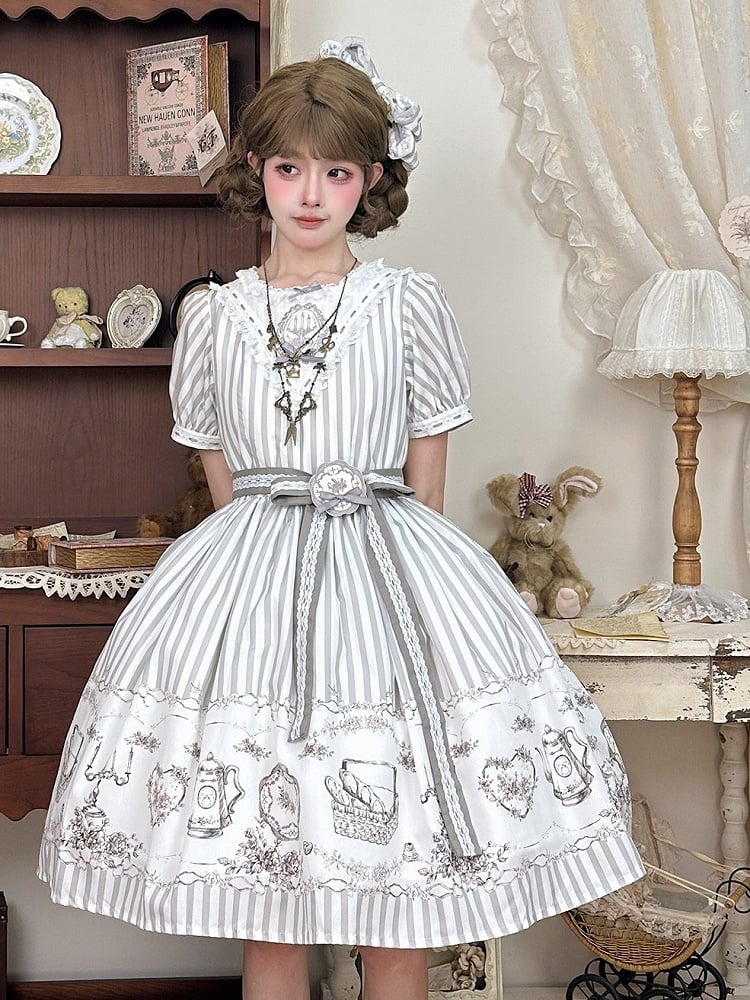 Classic Lolita Antique Porcelain Print and Embroidery OP Dress in Blue and Gray with Striped Pattern - Birds Diary