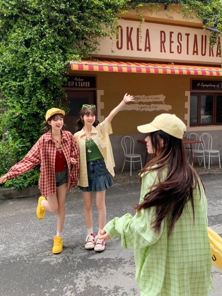 夏用ゆったりチェックシャツ（袖取り外し可能）イエロー/グリーン/レッド