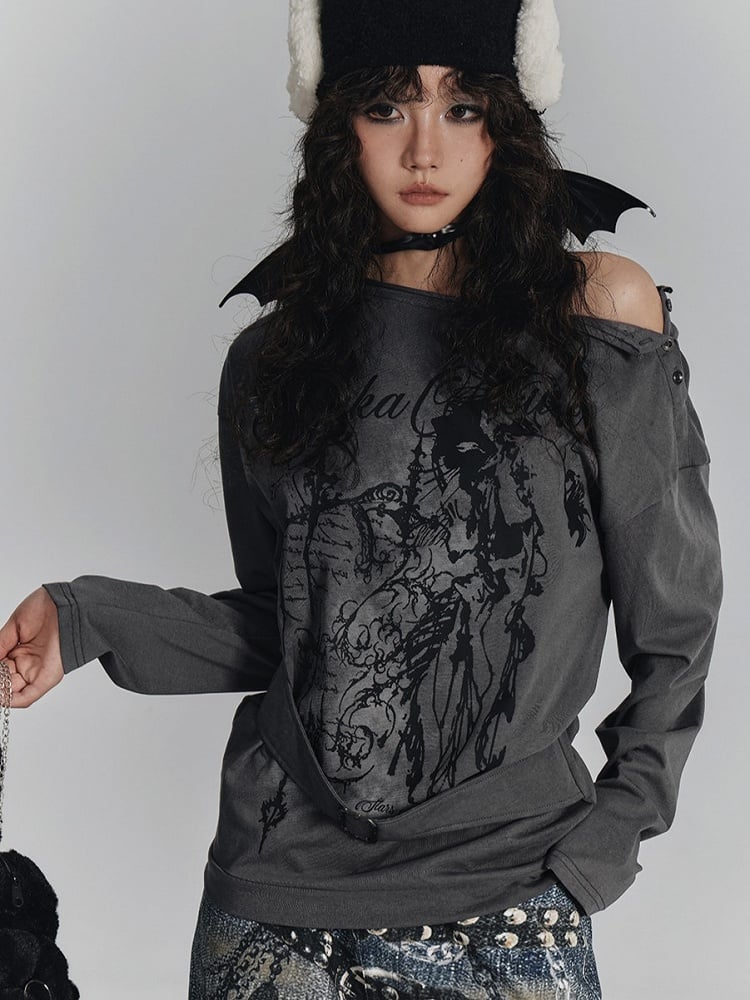 Square Print Gray Buckle T-Shirt Sleeve with Neck Long Asymmetrical Punk Strap Waist Black Graffiti