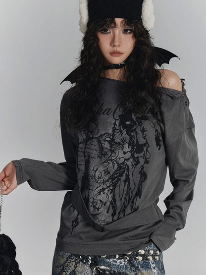Square Print Gray Buckle T-Shirt Sleeve with Neck Long Asymmetrical Punk Strap Waist Black Graffiti