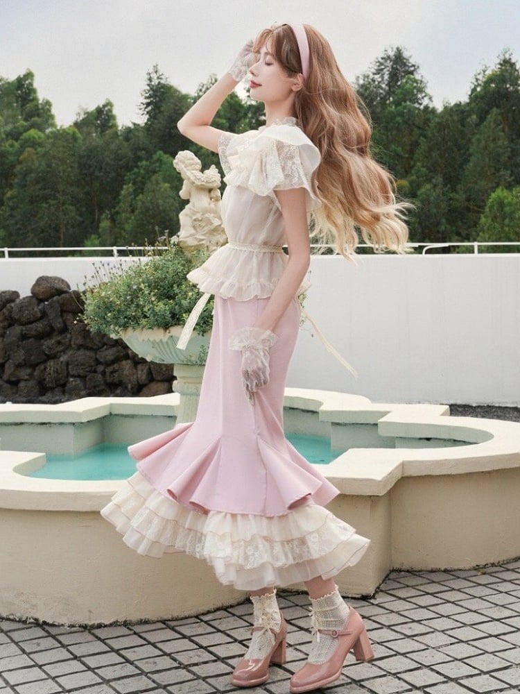 Bluse Rüschenkleid Stufen Meerjungfrau Slip Saum Beige + Pink