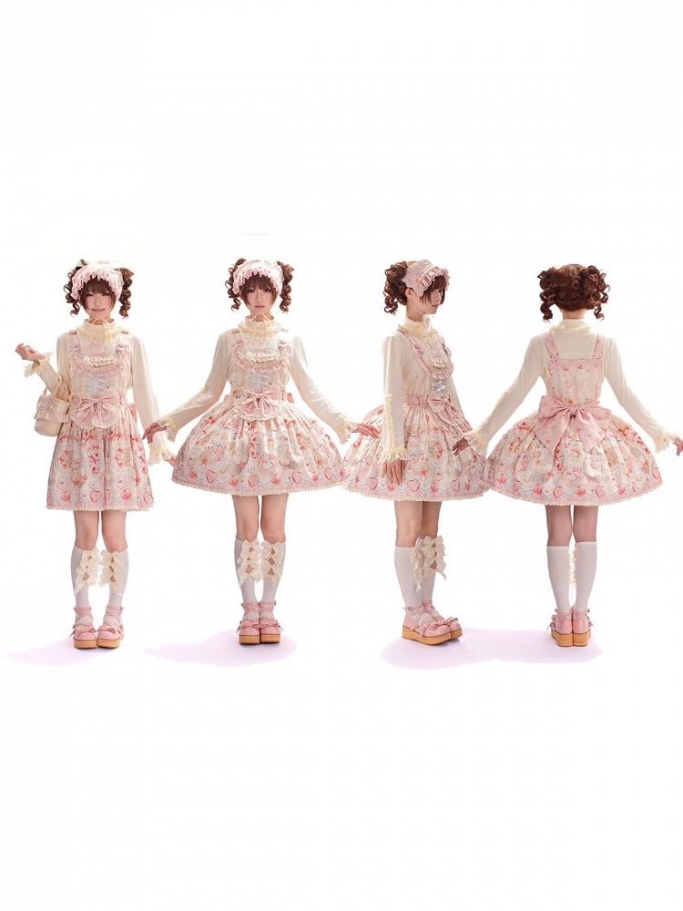 Strawberry and Cat Theme Sweet Pink Bow Lolita Overall Dress with Detachable Heart Brooch - wawao good night bear