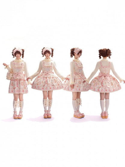 Strawberry and Cat Theme Sweet Pink Bow Lolita Overall Dress with Detachable Heart Brooch - wawao good night bear