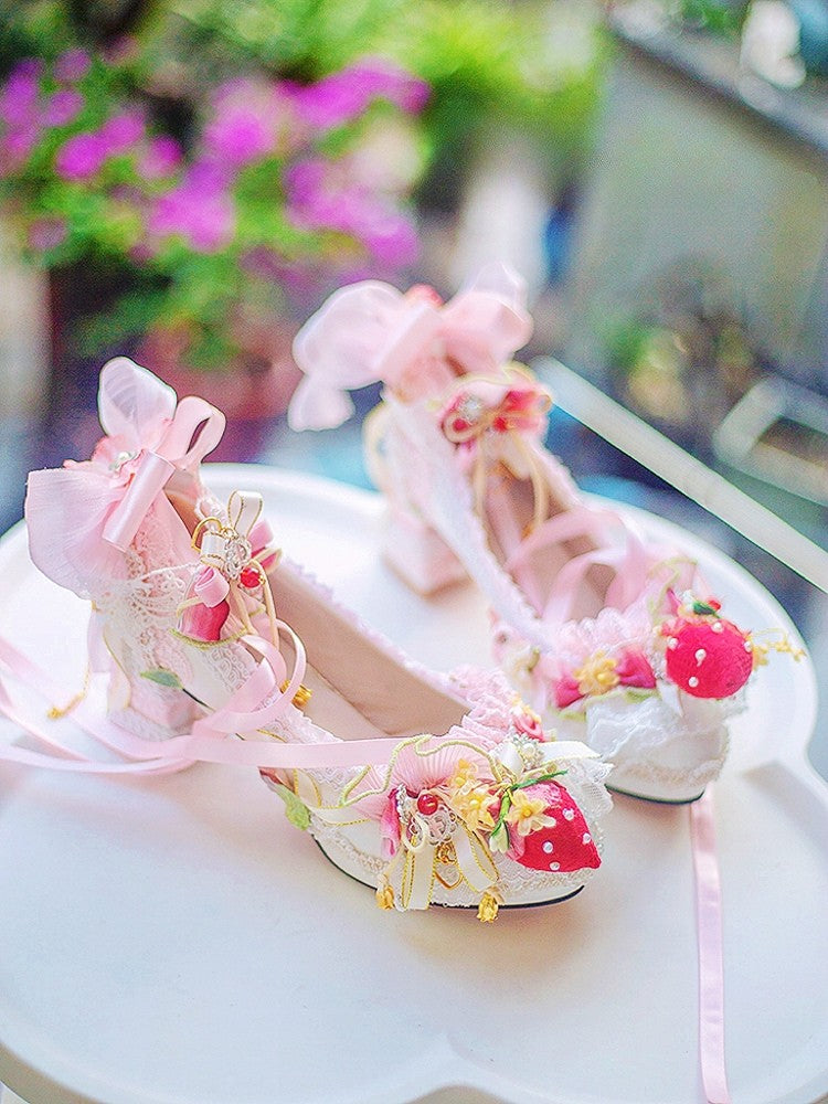 Decorated Heels WhitePink Lace Strawberry Block Lolita Shoes And Beaded 5CM/8.5CM Sweet Trim