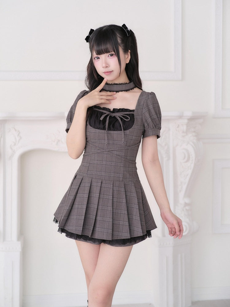 Brown Plaid Square Neck Pleated Dress Set with Choker and Shorts - No Genki