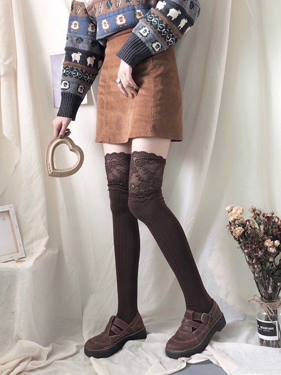 Slimming Knee Over Lace-trimmed 3 Stockings Colors