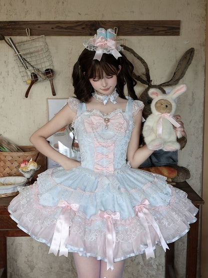 Blue & Pink Layered Lace Lolita JSK with Pearls - Miss Han