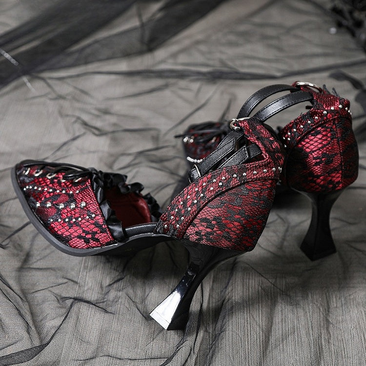 Studded Details Pointed - Cross Lacing Toe High Heels Accents with Gothic Red