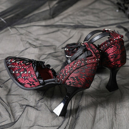 Studded Details Pointed - Cross Lacing Toe High Heels Accents with Gothic Red