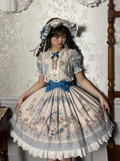Blaues Lolita-Kleid mit Rüschen und Rundhalsausschnitt, Kätzchen- und Teddy-Print, Sweet Lolita OP