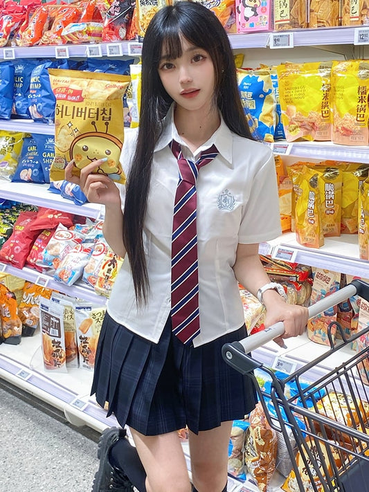 バッジ刺繍入りプレッピーユニフォームスリーブスタイルJKホワイトショートシャツ