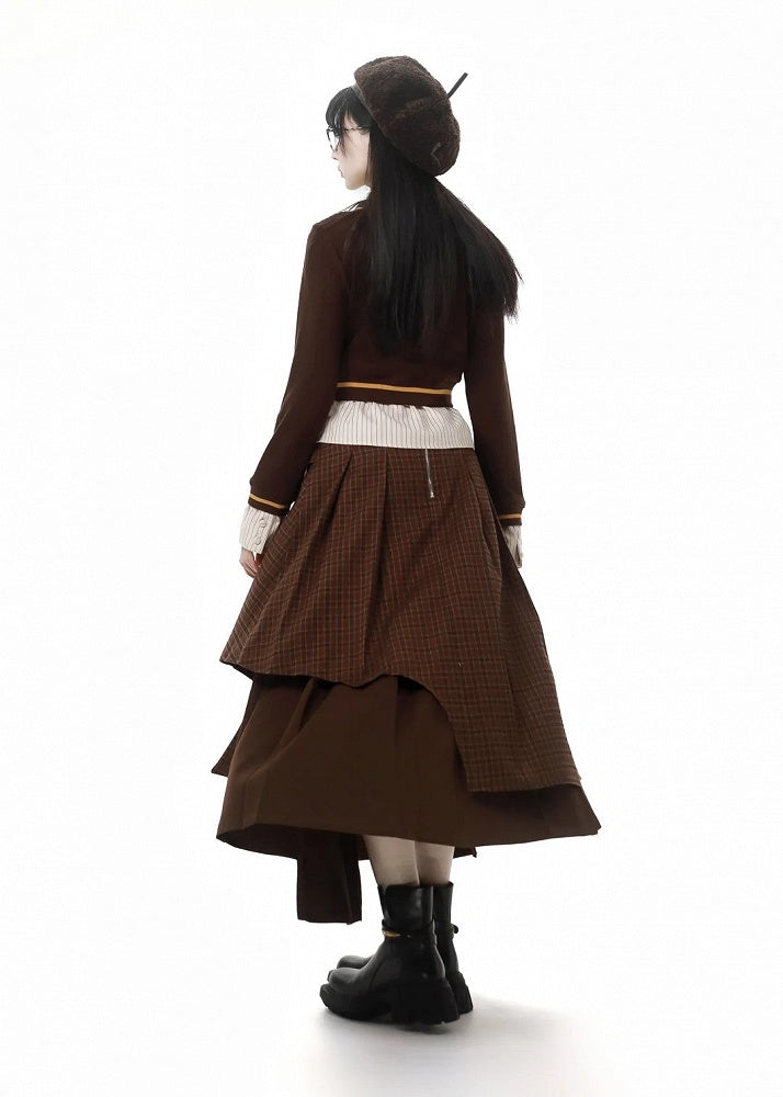 Coffee Plaid Asymmetrical Pleated Hem Skirt