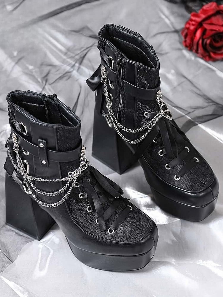 Inner with Chains Zip Block Boots Detachable Black Heel Lace-up Gothic High Details Platform - Ankle