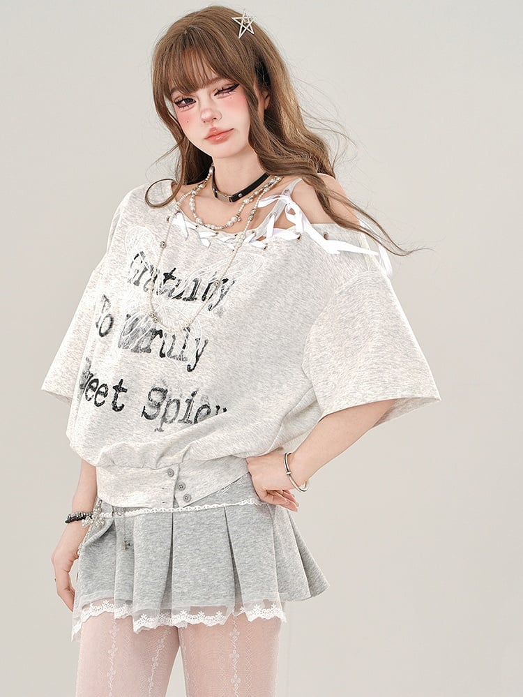 Graues Oberteil mit Buchstabenausschnitt an den Schultern und Schnürung am Ausschnitt