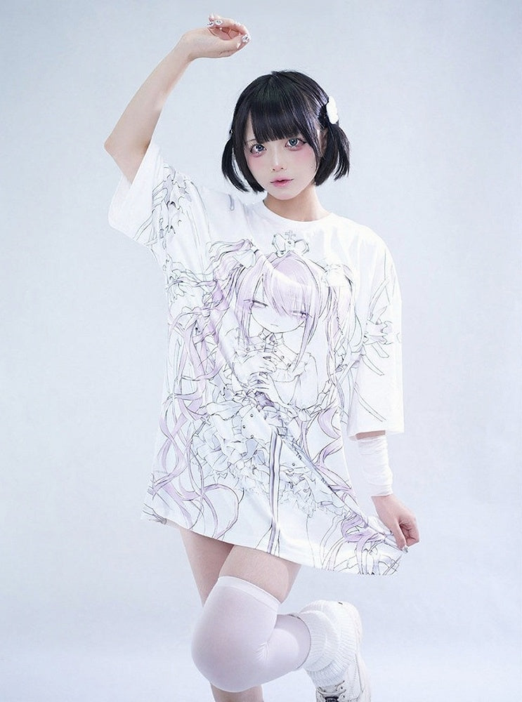 Oversized White Anime Girl Print T-Shirt - Tribuo Flos