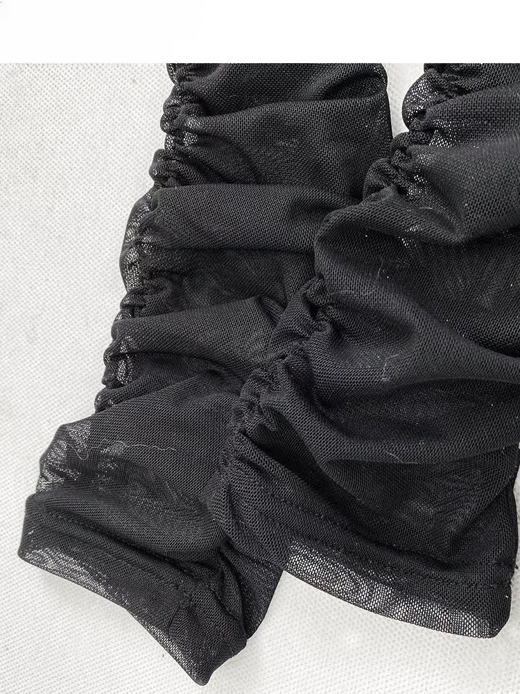 Y2K Schwarzes, halbtransparentes Top mit Rundhalsausschnitt und Rüschenärmeln, glamouröses Grafik-Top