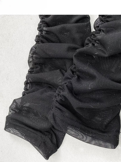 Y2K Schwarzes, halbtransparentes Top mit Rundhalsausschnitt und Rüschenärmeln, glamouröses Grafik-Top