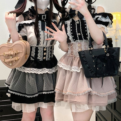 Waist Sweetheart Buttons Trim High Lace Black/Pink/Blue