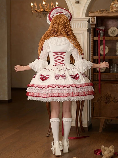 Heart Dress Red JSK Wine Bow with Sweet Appliques Accents Lolita