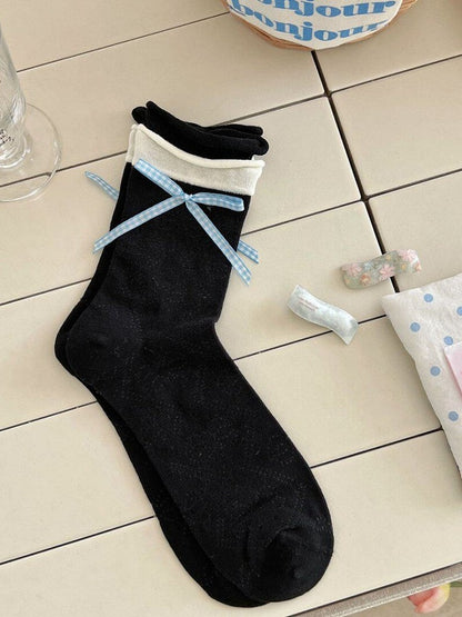 Colorblock Ankle Socks with Bowknot Details - Xi Shang Mei Shao