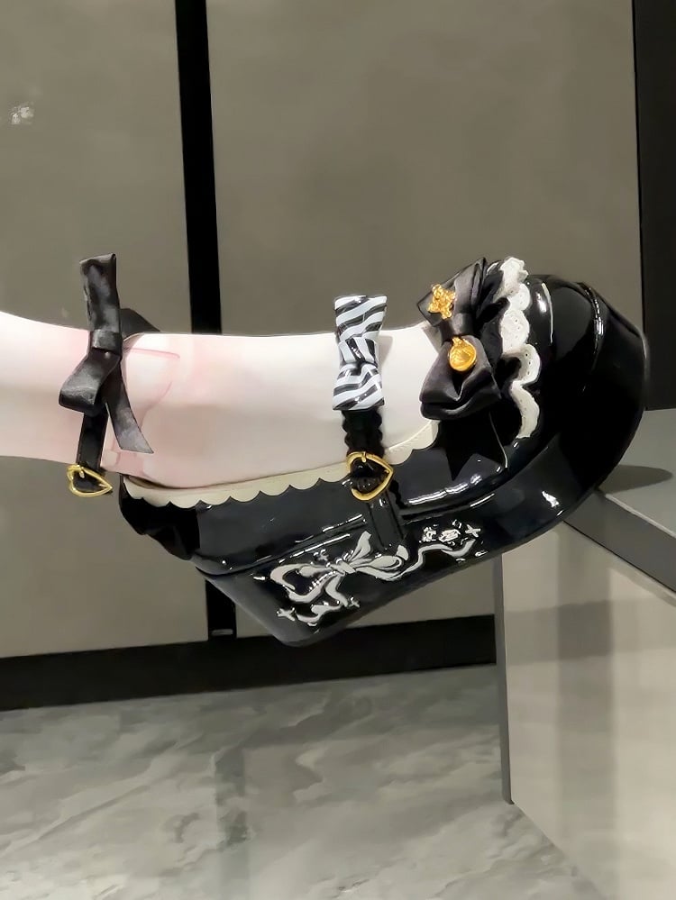 Details Decorated Sweet Lolita Spoon Platforms Bowknot Black