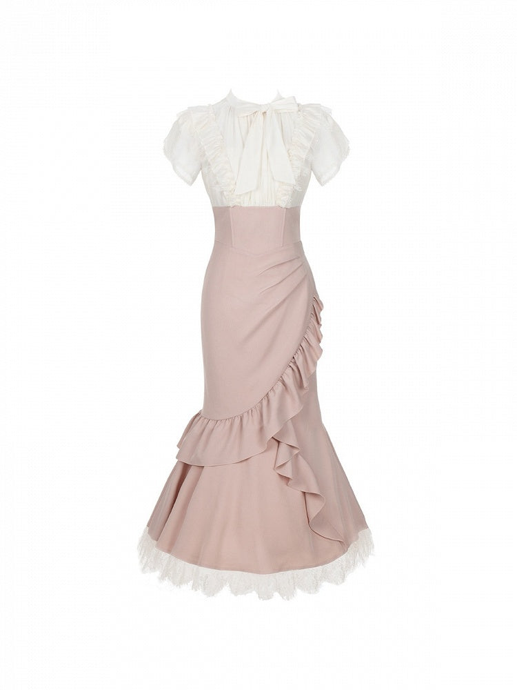 Pink-White Mermaid Two-Piece Dress with Ruffle Hem - With PUJI