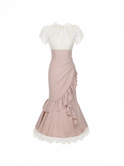 Pink-White Mermaid Two-Piece Dress with Ruffle Hem - With PUJI