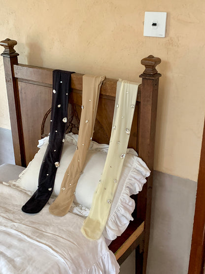 Semi-Sheer Dazzling White Tights Rhinestone in Black/Nude/Creamy