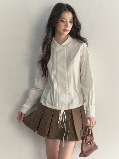 Drawstring White Vintage Shirt Double-breasted